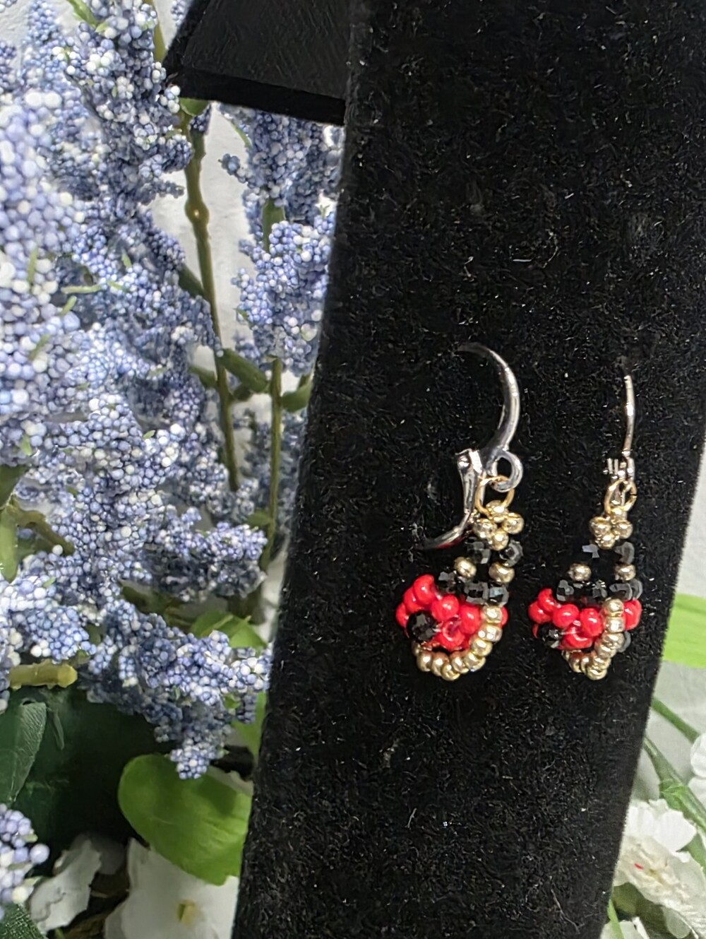 Handcrafted Red Beaded Ladybug Drop Earrings - Picture 4 of 6